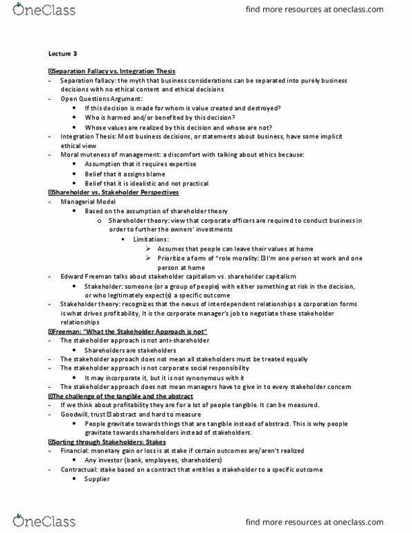 BUS 303 Lecture Notes - Lecture 3: Corporate Social Responsibility, Stakeholder Theory thumbnail