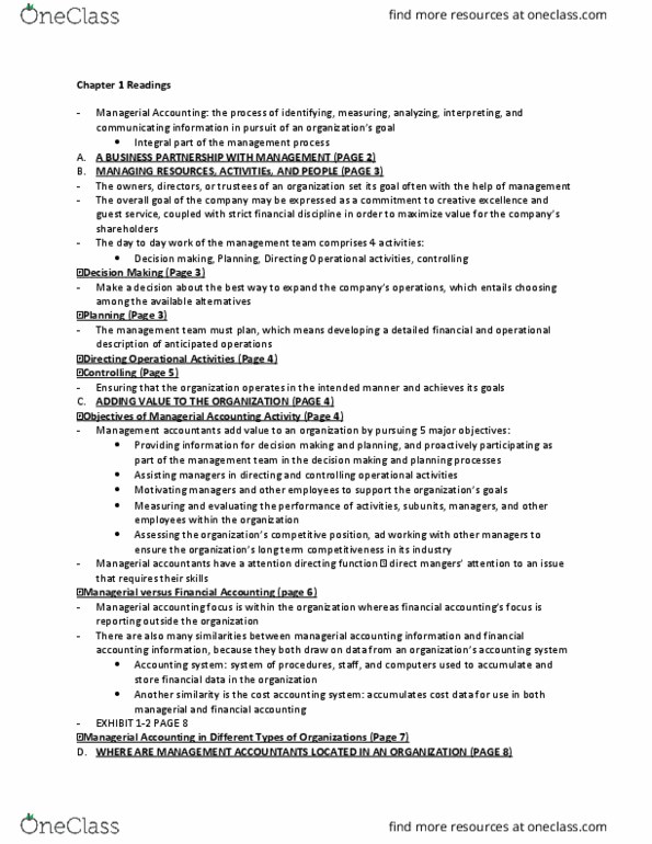 BUS 254 Chapter Notes - Chapter 1: Management Accounting, Cost Accounting, Decision-Making thumbnail