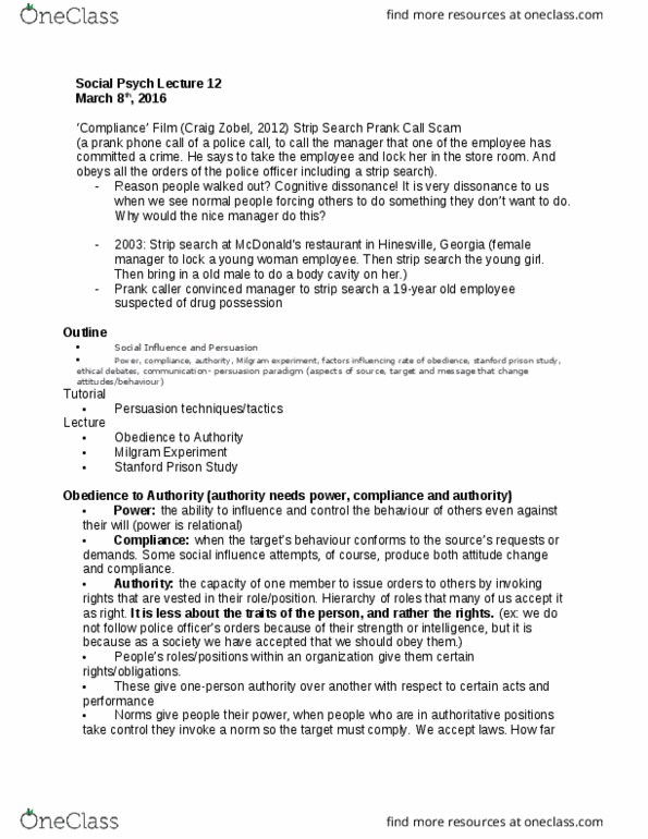 SOCPSY 1Z03 Lecture Notes - Lecture 12: Stanford Prison Experiment, Craig Zobel, Hinesville, Georgia thumbnail