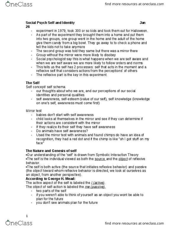 SOCPSY 1Z03 Lecture Notes - Lecture 8: Mirror Test, Henri Tajfel, Social Psychology thumbnail