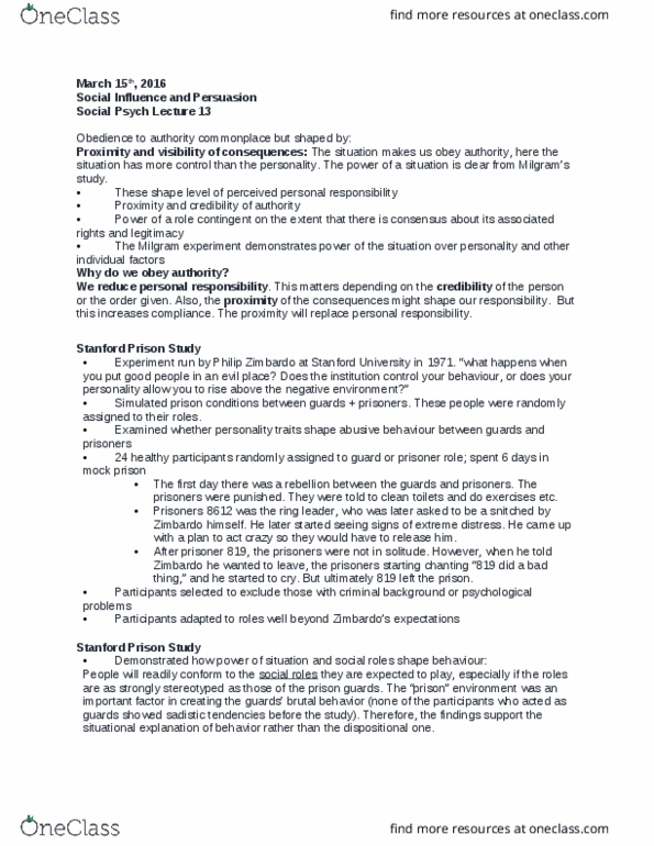 SOCPSY 1Z03 Lecture Notes - Lecture 13: Stanford Prison Experiment, Philip Zimbardo, Milgram Experiment thumbnail