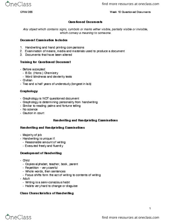 CRIM 355 Lecture Notes - Lecture 10: Graphology, Palmistry, Shopping List thumbnail