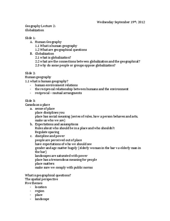 GEOG 1F90 Lecture Notes - Periphery Countries, Core Countries, Glocalization thumbnail