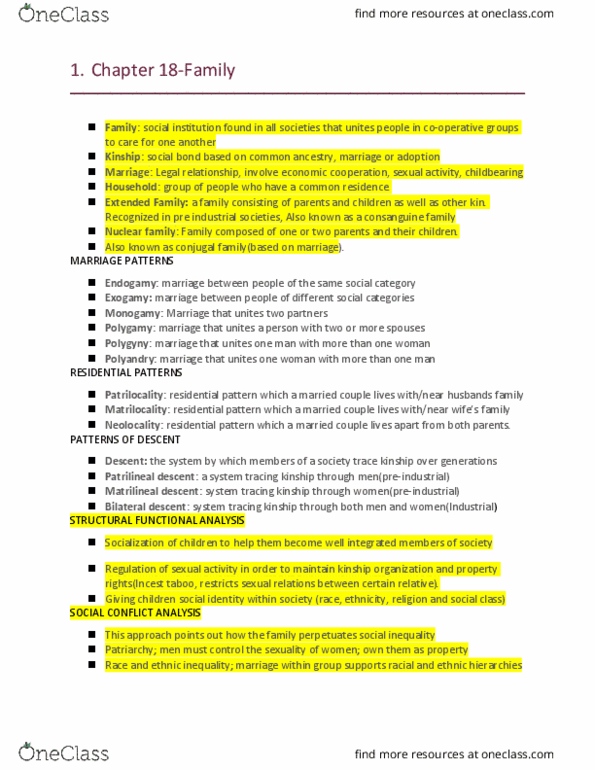 Sociology 1000 Chapter Notes - Chapter 18: Patrilineality, Bilateral Descent, Incest Taboo thumbnail