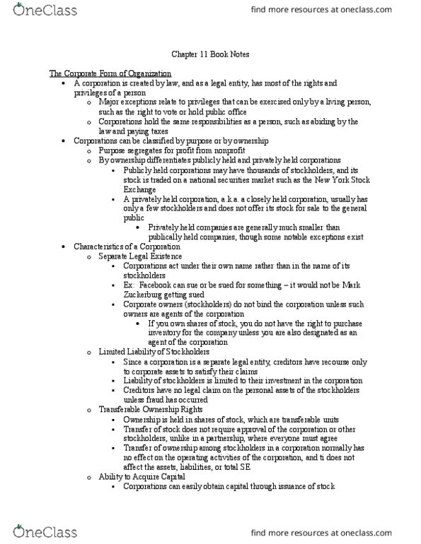 ACCT207 Chapter Notes - Chapter 11: Legal Personality, Treasury Stock, Stock Certificate thumbnail