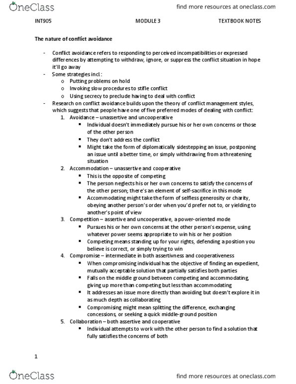 INT 905 Chapter Notes - Chapter 3: Conflict Avoidance, Mental Health Professional, Middleground thumbnail