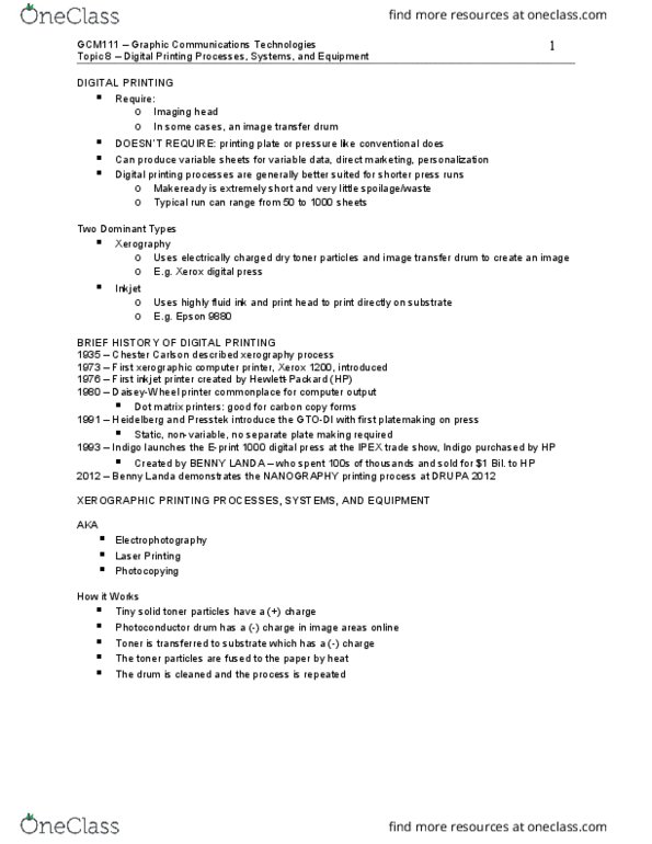 GCM 111 Lecture Notes - Lecture 8: Dot Matrix Printing, Inkjet Printing, Chester Carlson thumbnail