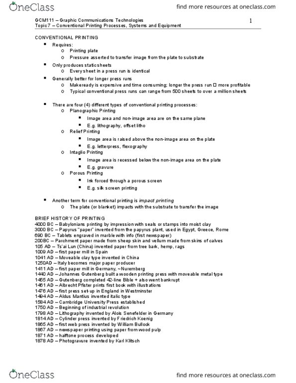 GCM 111 Lecture Notes - Lecture 7: Screen Printing, Rotary Printing Press, Offset Printing thumbnail