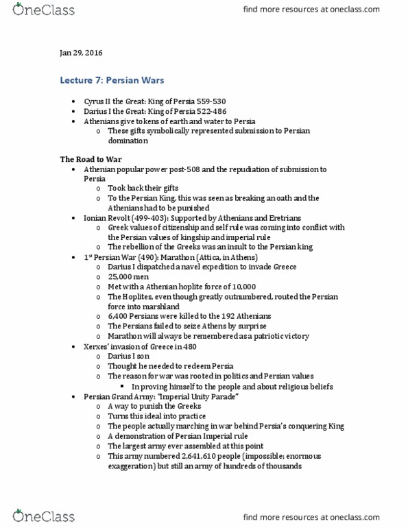 CLASSICS 1M03 Lecture Notes - Lecture 7: Ionian Revolt, Greco-Persian Wars, Cyrus The Great thumbnail