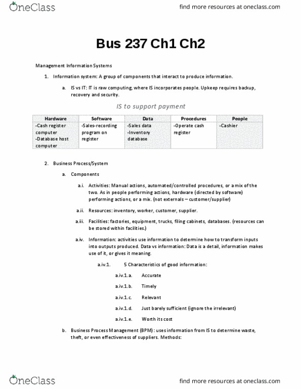 BUS 237 Lecture Notes - Lecture 2: Business Process Management, Total Quality Management, Cash Register thumbnail