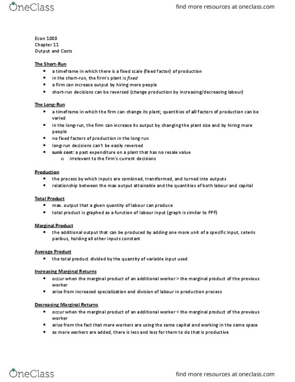 ECON 1000 Chapter Notes - Chapter 11: Ceteris Paribus, Diminishing Returns, Marginal Product thumbnail