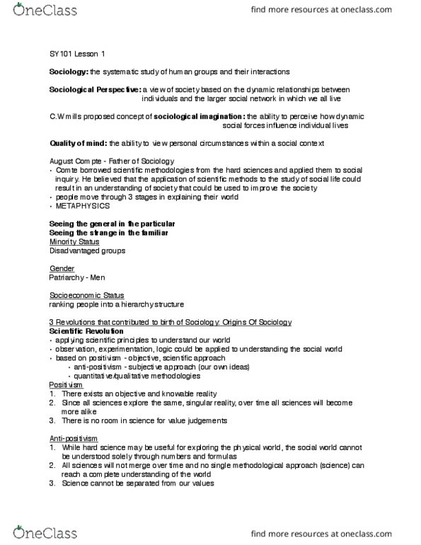 SY101 Lecture Notes - Lecture 1: Antipositivism, Social Forces thumbnail