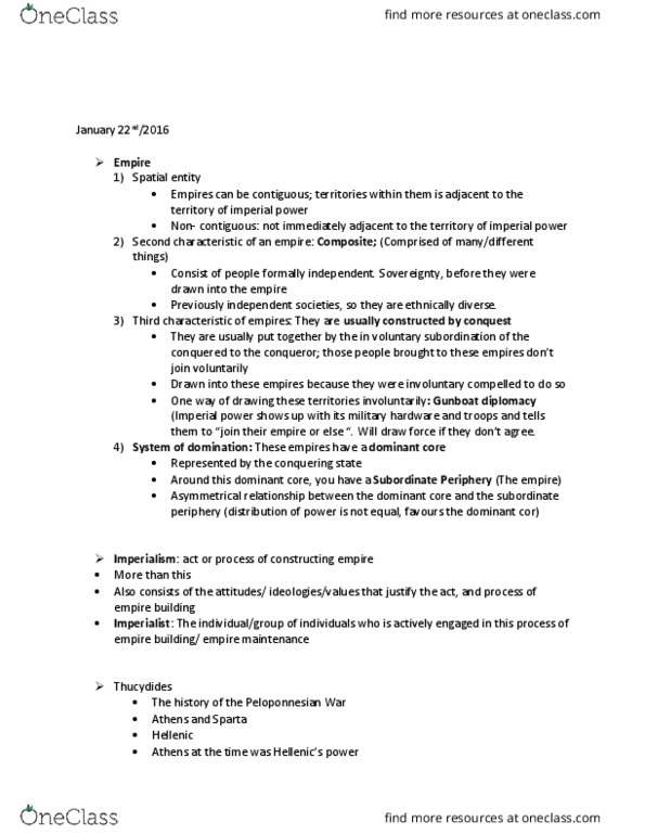 POLI 279 Lecture Notes - Lecture 5: Gunboat Diplomacy, Siege Of Melos thumbnail