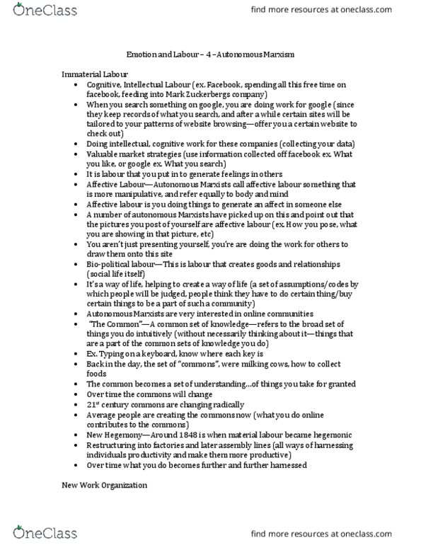 LABRST 2C03 Lecture Notes - Lecture 9: Temporary Foreign Worker Program In Canada, Affective Labor, Precarity thumbnail
