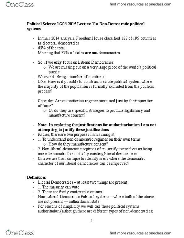 POLSCI 1G06 Lecture Notes - Lecture 14: Liberal Democracy, Authoritarianism thumbnail
