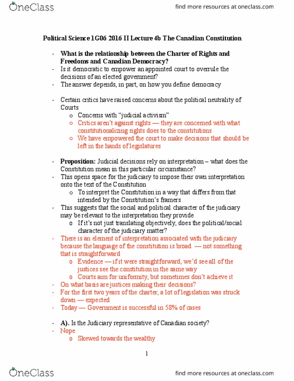 POLSCI 1G06 Lecture Notes - Lecture 22: Judicial Activism, Charter Of The French Language, Section 33 Of The Canadian Charter Of Rights And Freedoms thumbnail