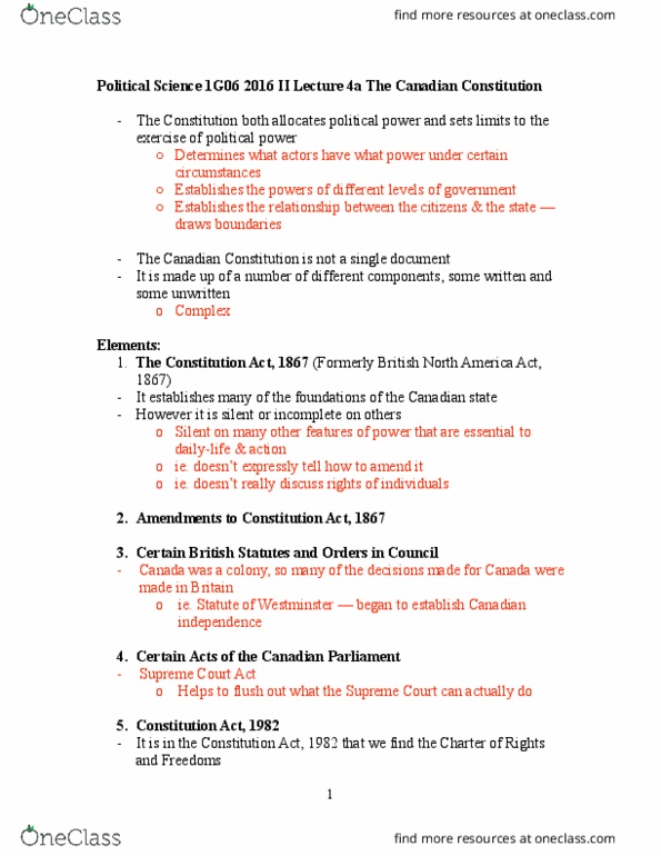 POLSCI 1G06 Lecture Notes - Lecture 21: Supreme Court Of Canada, Patriation Reference, Charlottetown Accord thumbnail