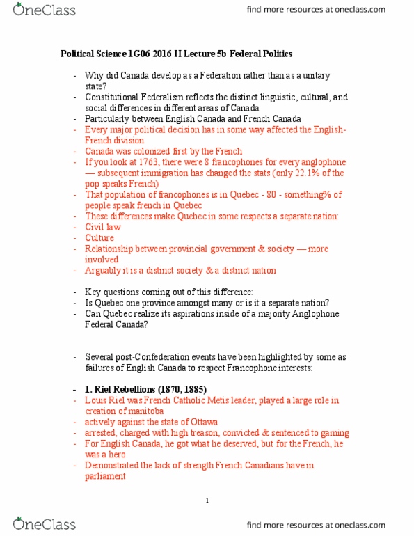 POLSCI 1G06 Lecture Notes - Lecture 24: English Canada, Regulation 17, Distinct Society thumbnail