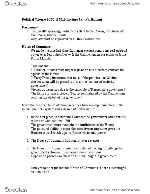 POLSCI 1G06 Lecture Notes - Lecture 18: Responsible Government, Goods And Services Tax (Canada), Distinct Society thumbnail