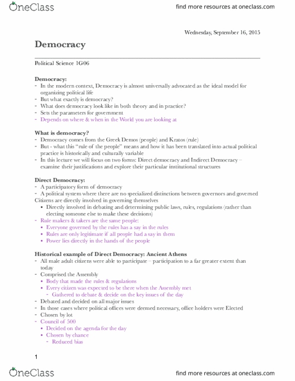 POLSCI 1G06 Lecture Notes - Lecture 2: Direct Democracy, Takers, Liberal Democracy thumbnail