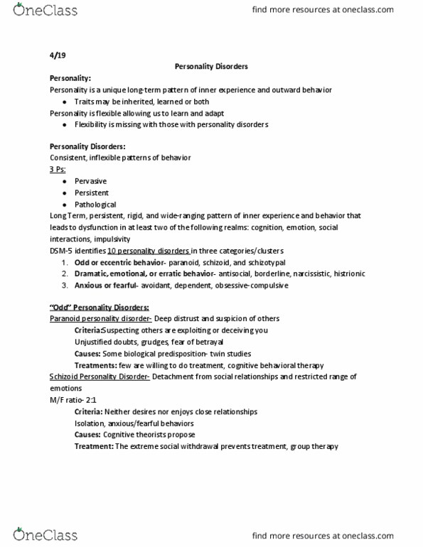 PSYCH 380 Lecture Notes - Lecture 20: Avoidant Personality Disorder, Schizotypal Personality Disorder, Paranoid Personality Disorder thumbnail