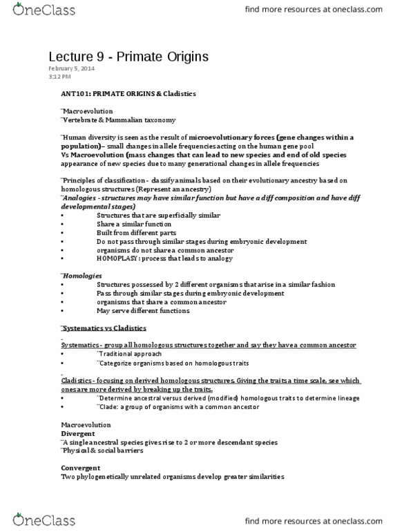 ANT101H5 Lecture Notes - Lecture 9: Ecological Niche, Continental Drift, Adaptive Radiation thumbnail