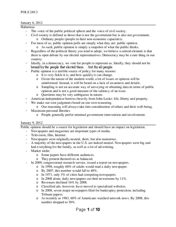 POLS 249 Lecture Notes - United States House Committee On Rules, Gerrymandering, Party System thumbnail