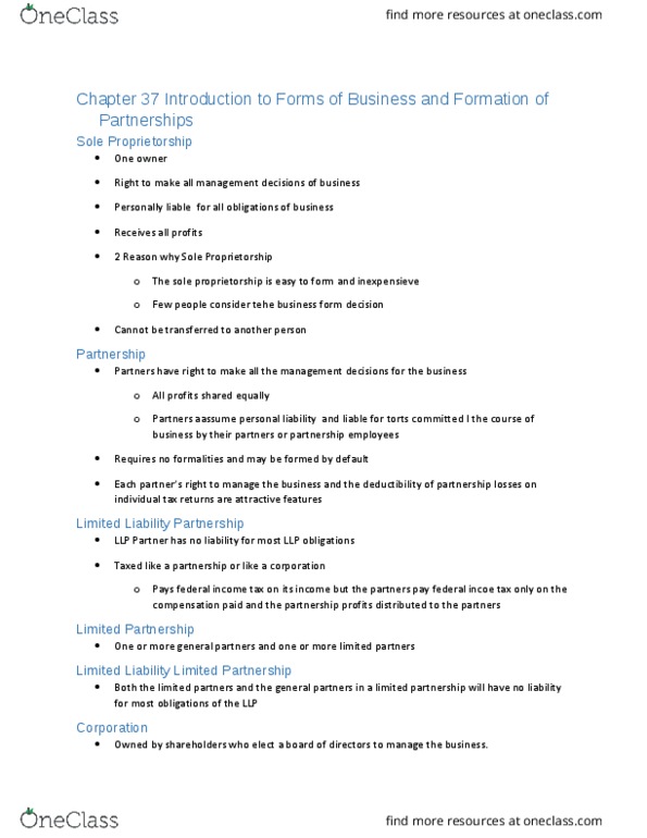 BLS 112 Lecture Notes - Lecture 3: Limited Liability Partnership, Sole Proprietorship, Limited Liability thumbnail