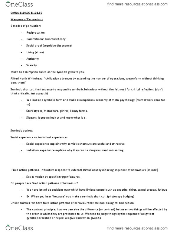 CMNS 110 Lecture Notes - Lecture 5: Physical Attractiveness, Social Proof, Cognitive Dissonance thumbnail