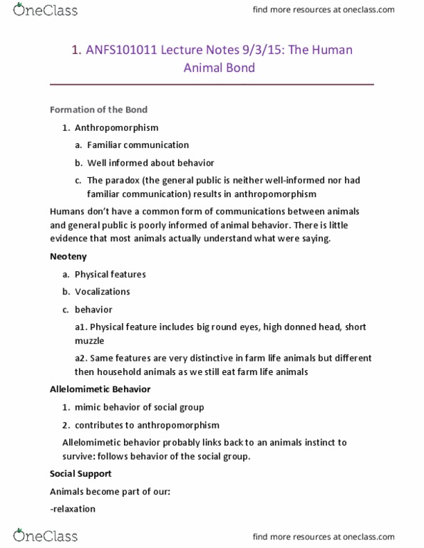 ANFS101 Lecture Notes - Lecture 2: Anthropomorphism, Neoteny, Parasitism thumbnail