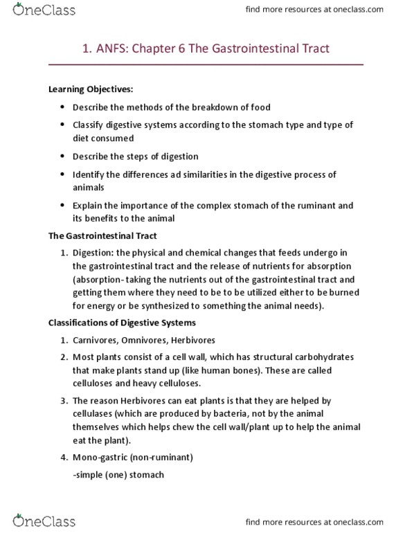 ANFS101 Lecture Notes - Lecture 6: Gastric Acid, Monogastric, Short-Chain Fatty Acid thumbnail