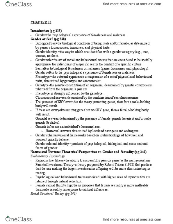 HSCI 120 Chapter Notes - Chapter 10: Sexual Arousal, Robert Trivers, Sex Organ thumbnail