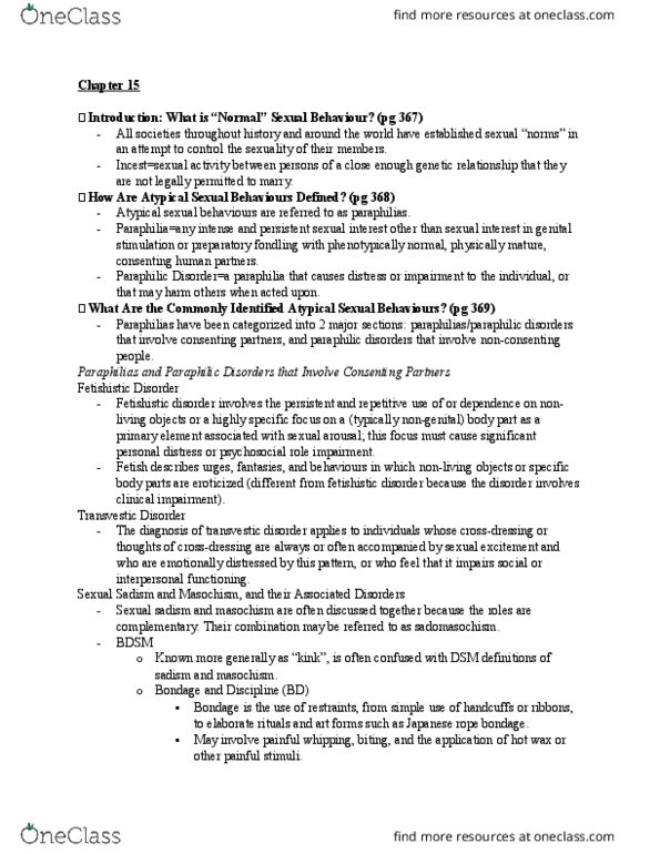 HSCI 120 Chapter Notes - Chapter 15: Persistent Genital Arousal Disorder, Sexual Sadism Disorder, Sexual Fetishism thumbnail