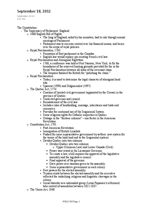 POLS 303 Lecture Notes - Responsible Government, Report On The Affairs Of British North America, Seigneurial System Of New France thumbnail