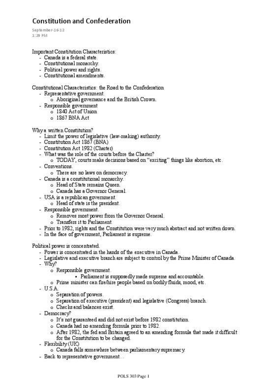 POLS 303 Lecture Notes - Parliamentary Sovereignty, Responsible Government thumbnail