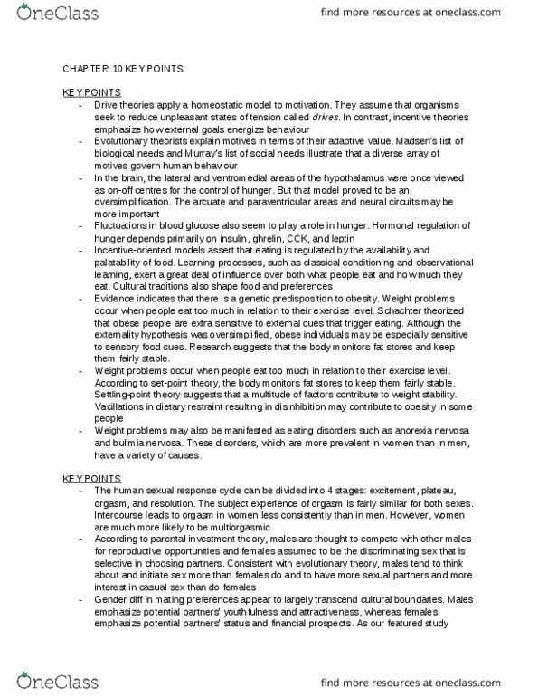 PSYC 1010 Chapter Notes - Chapter 10: Bulimia Nervosa, Human Sexual Response Cycle, Anorexia Nervosa thumbnail