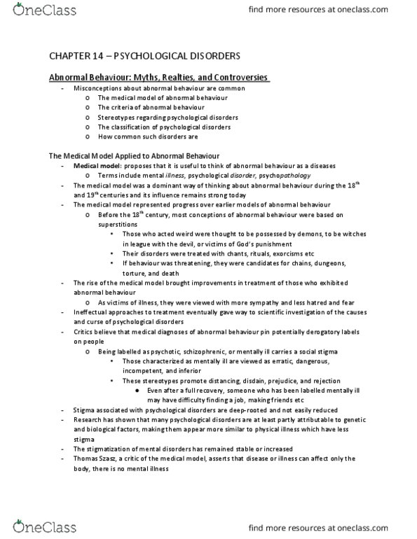 PSYC 1010 Chapter Notes - Chapter 14: Dissociative Identity Disorder, Fugue State, Generalized Anxiety Disorder thumbnail