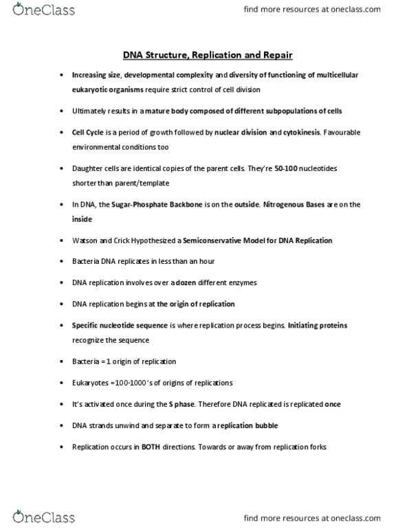 BIOL 1000 Lecture Notes - Lecture 10: Dna Replication, Complementary Dna, Helicase thumbnail