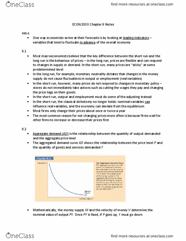 ECON 2000 Chapter Notes - Chapter 9: Aggregate Supply, Aggregate Demand, Nominal Rigidity thumbnail