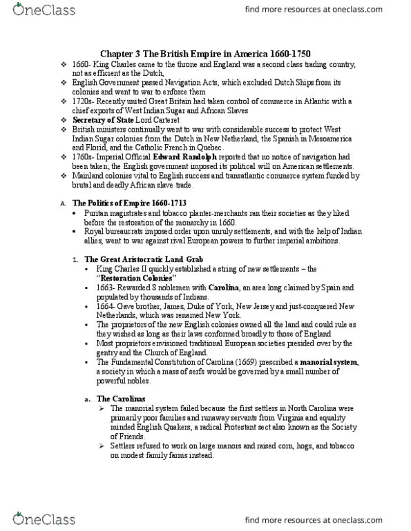 HIST 1100 Chapter 3: Chapter 3 The British Empire in America notes thumbnail