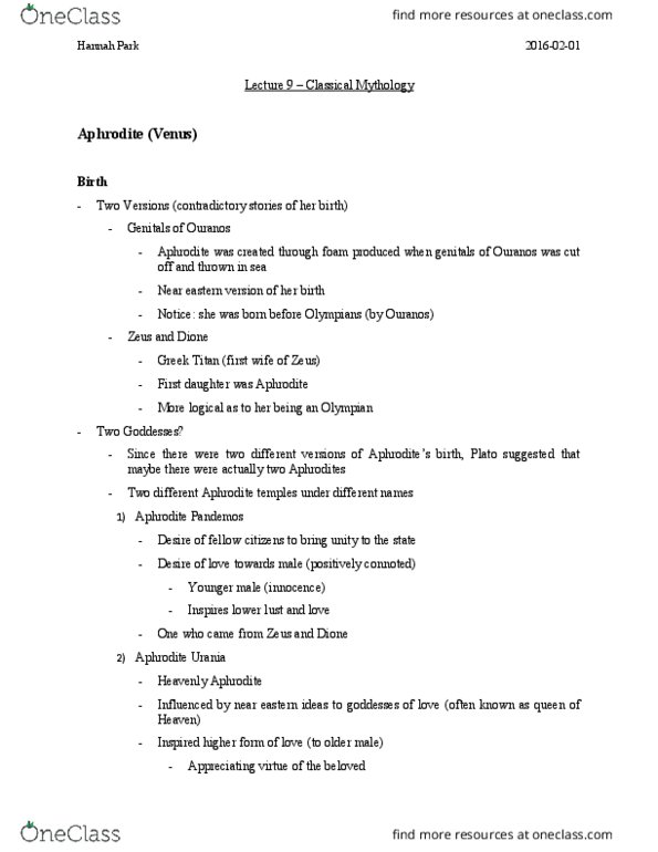 CLAS104 Lecture Notes - Lecture 9: Aphrodite Pandemos, Aphrodite Urania, Uranus (Mythology) thumbnail