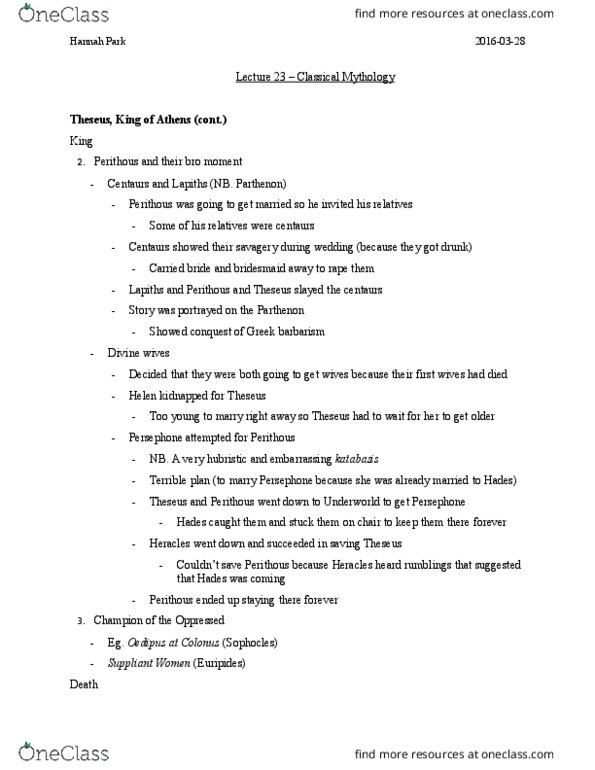 CLAS104 Lecture Notes - Lecture 23: Pirithous, Lycomedes, Phrixus thumbnail