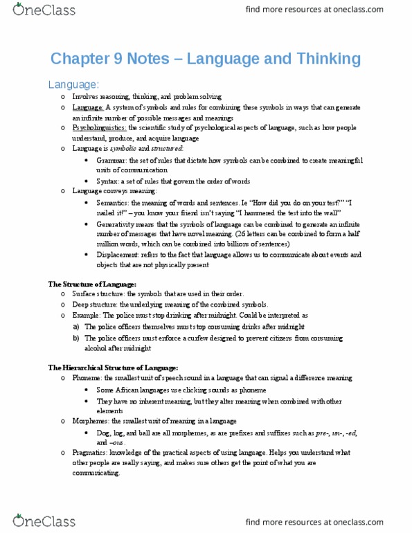 Psychology 1000 Chapter Notes - Chapter 9: Surface Roughness, Deep Structure And Surface Structure, Psycholinguistics thumbnail