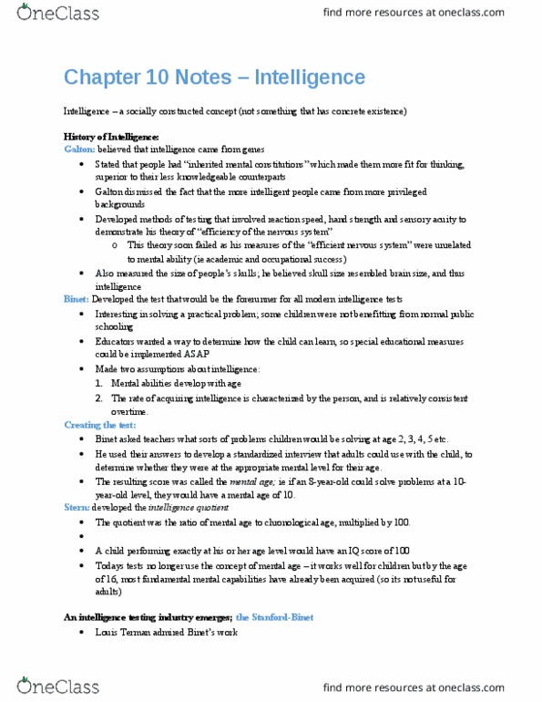 Psychology 1000 Chapter Notes - Chapter 10: Wechsler Adult Intelligence Scale, Fluid And Crystallized Intelligence, Psychological Testing thumbnail