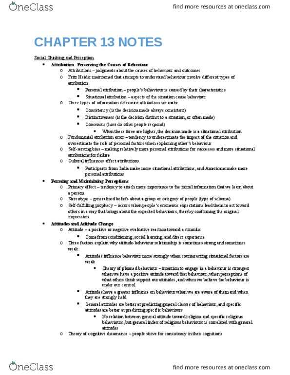 Psychology 1000 Chapter Notes - Chapter 13: Fritz Heider, Fundamental Attribution Error, Cognitive Dissonance thumbnail