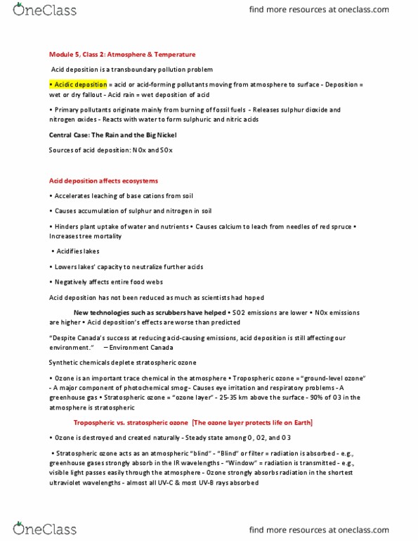 ENV100Y5 Lecture Notes - Lecture 45: Environment And Climate Change Canada, Tropospheric Ozone, Smog thumbnail