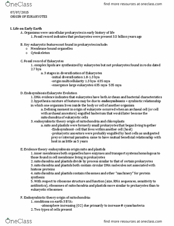 LIFE 121 Lecture Notes - Lecture 7: Archean, Prokaryote, Organelle thumbnail