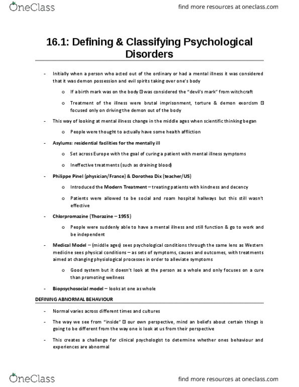 PSYA01H3 Chapter Notes - Chapter 15: Clinical Psychology, Mental Disorder, Middle Ages thumbnail