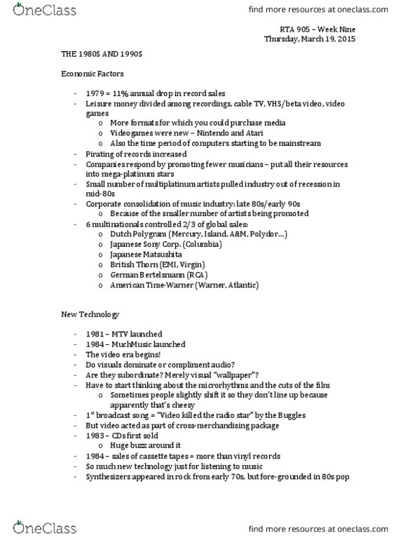 RTA 905 Lecture Notes - Lecture 9: Polydor Records, Time Warner, Horror Film thumbnail