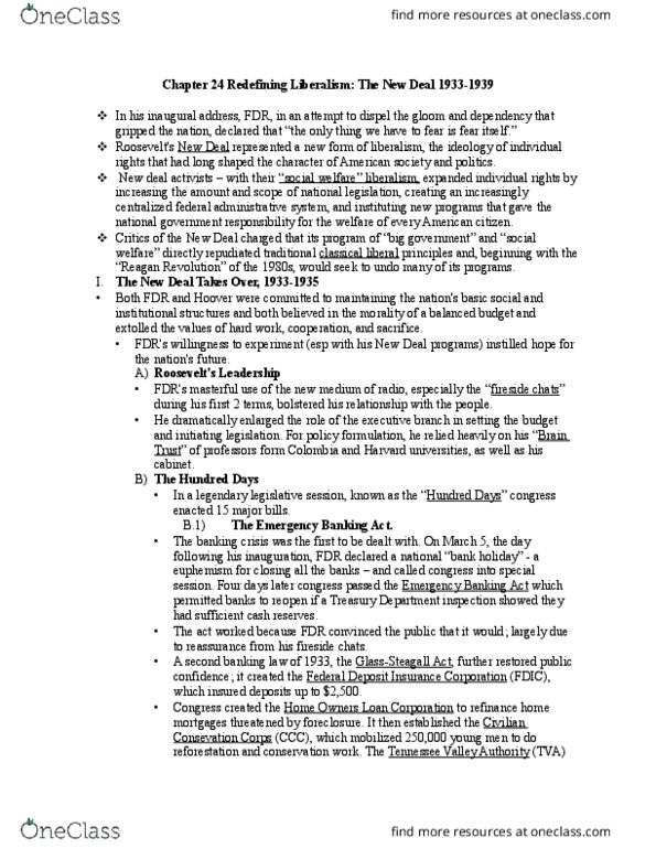 HIST 1100 Chapter 24: Chapter 24 Redefining Liberalism- The New Deal notes thumbnail